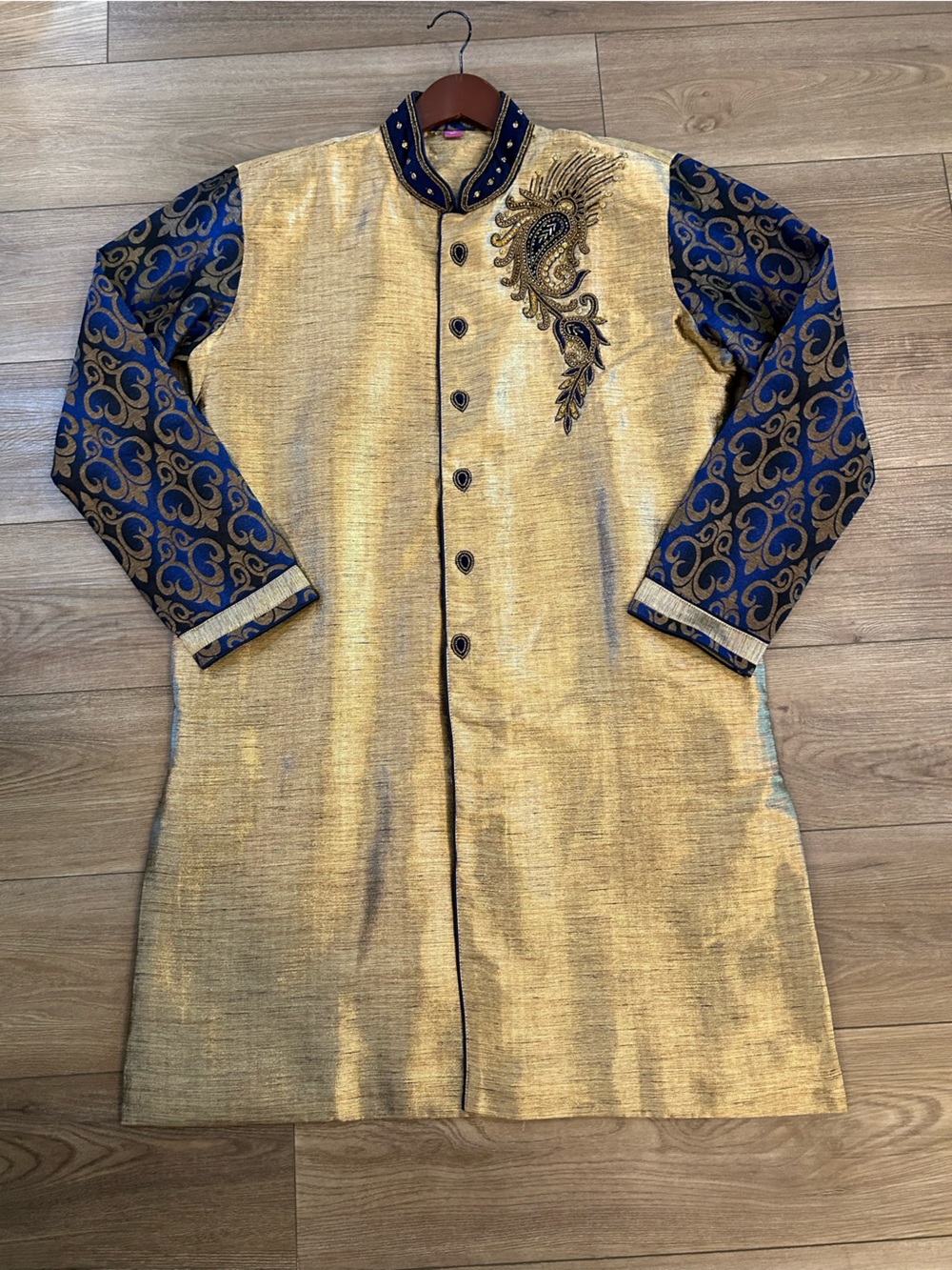 Men’s Size 44 Gold/Royal Blue Embroidered Sherwani Kurta Coat Wedding Formal XL